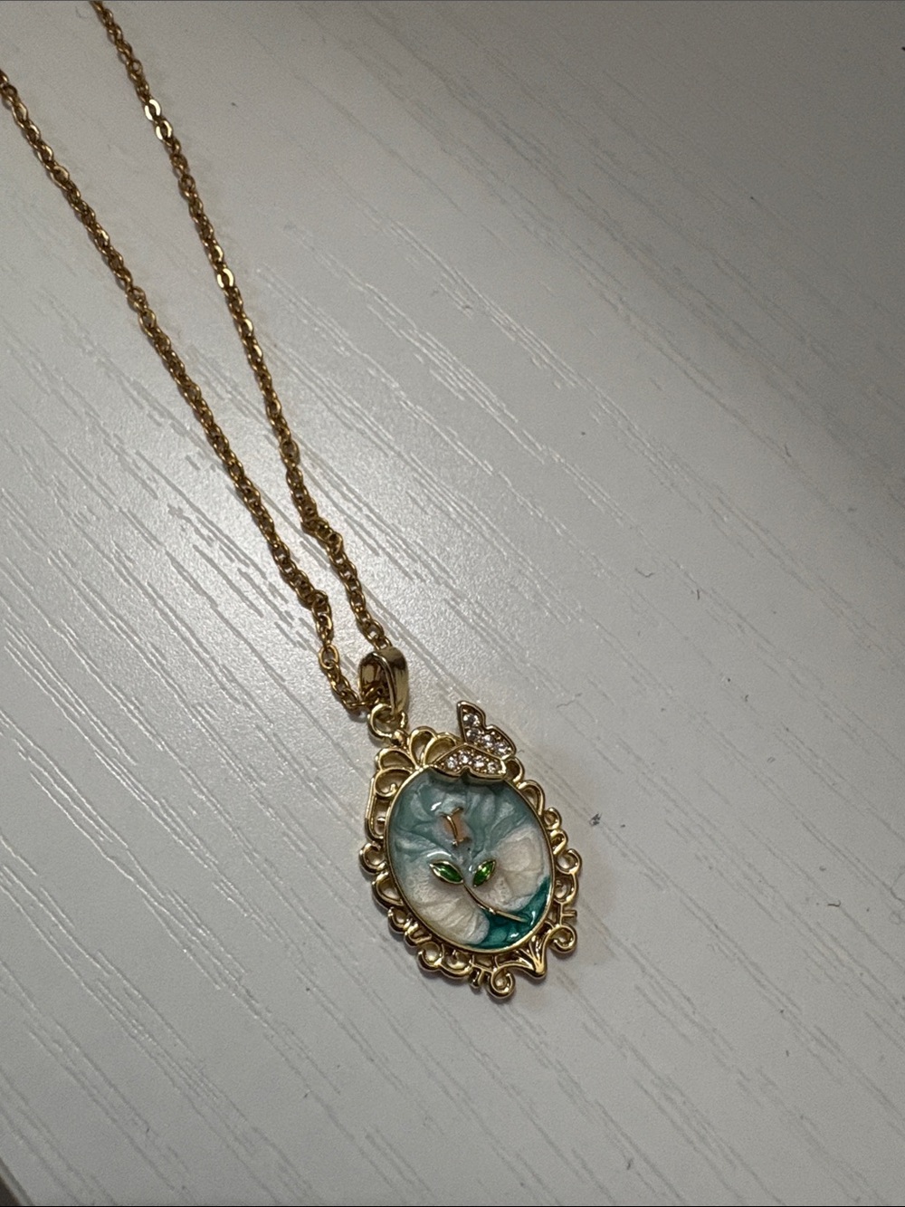 Gold-Tone Tulip + Butterfly Pendant Necklace in Teal and White